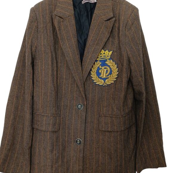 Skylar Rose Blazer Jacket Sz L Brown ICONIC Crown ROYAL PATCH Boxy Preppy Stripe - Picture 8 of 16